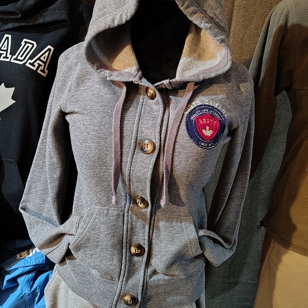 Gray Hooded Button-Up Roots Canada Hoodie Jacket